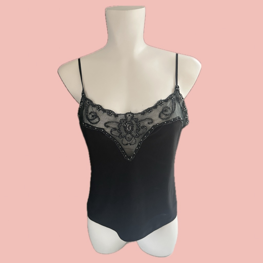 Vintage New Look Mesh Embellished Camisole – Beaded Sheer Detail – Black